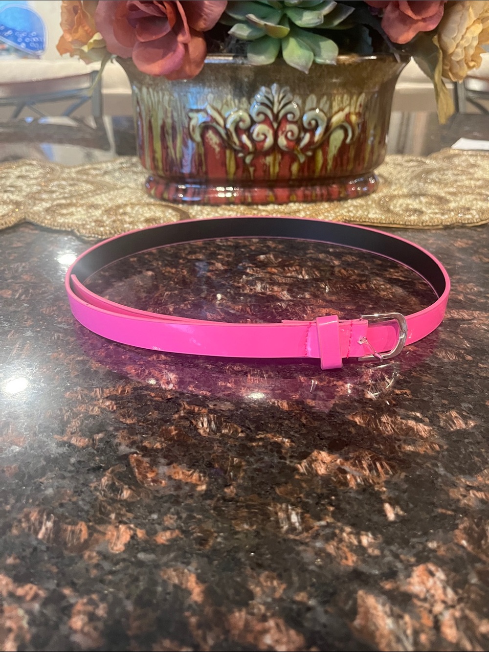 Bright Pink Patent Adjustable Slim Women’s Belt with Silver Buckle 36”L